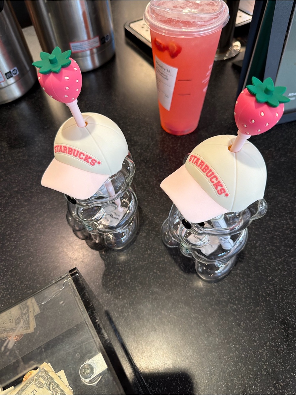 Starbucks White and Pink Bear Bottle with Pink Strawberry Toppers accepting